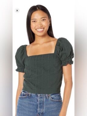 Elegant Hunter Green Cotton Madewell Square Neck Top Puff Sleeve Crop Blouse L